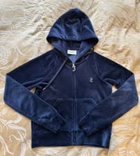 Image of Juicy Couture Madison Navy Blue Velour Zip Up Hoodie Cardigan Pisces Size S