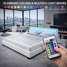 Image of Sleek LED Upholstered Design White Faux Leather 4ft6 Double Bed Frame