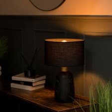 Image of Modern Table Lamp Black Marble & Copper Lounge Fabric Lampshade LED Light Bulb