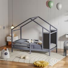 Image of 3ft Single Kids House Bed Frame Solid Pine, Grey 197x97cm, Mattress Not Included