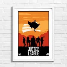 Image of Justice League Heroes Sunset Silhouette Original Framed Wall Art Print Large