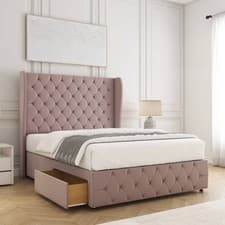 Image of Double Divan Bed Set Plush Velvet Wingback Headboard&Footboard&Mattress All Size