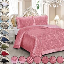 Image of 3 Piece Quilted Bedspread Velvet Jacquard Bed Set Double King Super King Size UK