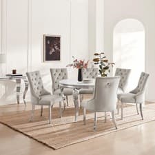 Image of Skye Round White Marble Effect Dining Table & 6 Grey Velvet Belgravia Chairs