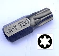 Image of T50 TORX BIT, Hardened 30mm long 10mm Hex Drive , Tx- Star bit, No Security Hole