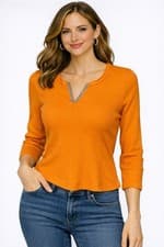Image of DKNY Cotton Top V-Neck Blouse 3/4 Sleeves Shirt Size S New With Tags NWT