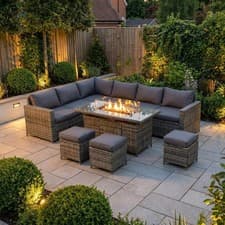 Image of Tarporley 9 Seater Garden Rattan Firepit Corner Dining Set Table Sofa Stool