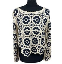 Image of Chrochet Style Floral Jumper Women's UK Onesize Flare Sleeve Beige Black
