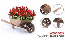 Image of GARDEN MODERN WOODEN WHEEL BARROW PLANTER BURNT WOOD FLOWER CART ORNAMENTAL POT
