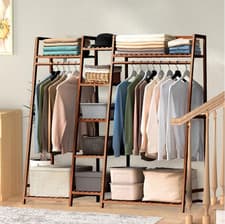 Image of Stylish Wooden Clothes Rack with Bamboo Shelves for Efficient Wardrobe Storage
