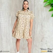 Image of NWT Influence Fashion Tan with Black Dotted frill bib shirt Dress size 10 Style
