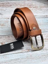 Image of HUGO BOSS Men Tan Leather Belt Champagne shade Metal Buckle