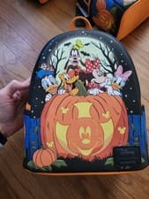 Image of Loungefly Disney Mickey & Friends Halloween Pumpkin Mini Backpack Bookbag GITD