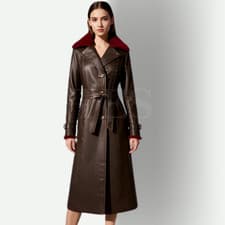 Image of Women’s Faux Fur Collar Leather Trench Coat Long Belted Winter Elegant Jacket