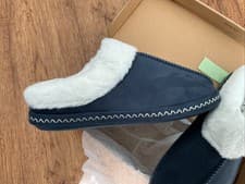 Image of PERFECT Sheepskin Embroidered Mule Slippers in Navy. Women’s Size 5. New. Boxed.