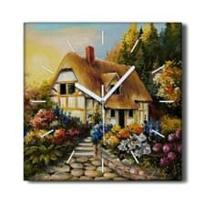 Image of Silent Wall Clock Canvas 30x30 Painting Flowers Trees Hut Countryside Nature