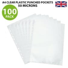 Image of 100 X A4 PLASTIC PUNCH PUNCHED POCKETS 50 MICRON FILING WALLETS FOLDERS