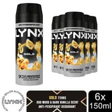 Image of Lynx Gold Anti Perspirant Body Spray 150ml 6 Pack Mens Deodorant 72H Protection