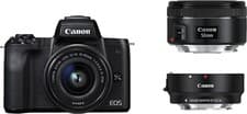 Image of Canon EOS M50 Camera Zwart 15-45 IS STM + 50mm F/1.8 + M-Mount Adapter NEW BOXED