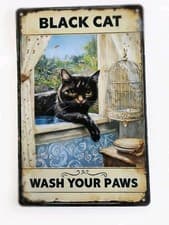 Image of Black Cat Wash Your Paws Metal Sign 8x12 Vintage Tin Bathroom Decor
