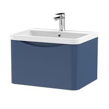 Image of Nuie Lunar Wall Mounted 1 Drawer Basin Vanity Unit Satin Blue Polymarble Sink