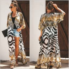 Image of Women Chiffon Zebra Print Long Cardigan With Belt Holiday Dress