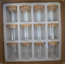 Image of 12x Glass Spice Jars Set with Bamboo Lids Labels Funnel Kitchen Storage