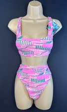 Image of Puma Sporty Scoop Top High Waist Bikini Pink & Green Logo Print BNWT