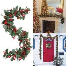 Image of Red Berry Christmas Garland with Pine Cones Artificial Garland Home Decor PN