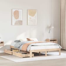 Image of Bed frame 140x190 cm Solid Pinewood Natural Slatted Base with 2 Drawers Underbed