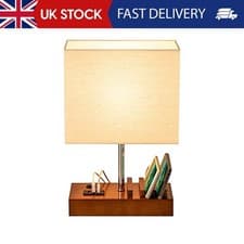 Image of Wooden Bedside Table Desk Lamp with 3 USB dock Charging Ports & Phone Charger