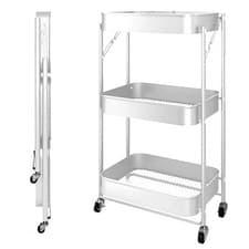 Image of 3 Tier Folding Storage Trolley Cart Metal Rolling Shelves Kitchen Bathroom Home