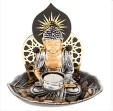Image of SALE Buddha Meditation Statue with Leaf with Pebbles Tealight & Candle Holder