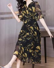 Image of Elegant Floral Print Midi Dress for Women - V-Neck, Short Sleeve, Zipper Detail