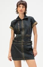 Image of GUESS ORIGINALS Utility Zip Stretch Denim Mini Dress Dark Wash Size S NWT $139