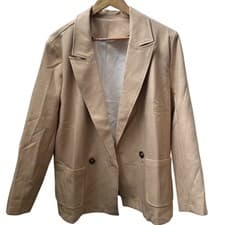 Image of Women's Boutique Tan Woven White Lined Buttoned Lapel Collar Blazer with Pockets