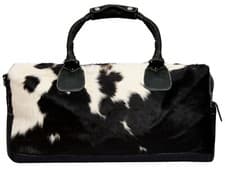 Image of Deluxe Leather Holdall Black Bag Genuine Cowhide & Cow Fur Weekend Duffel Travel