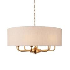 Image of Luminosa Highclere Multi Arm Pendant Ceiling Light Vintage Brass, Natural Linen.