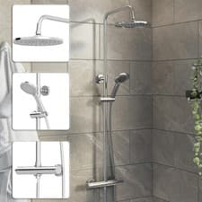 Image of Bathroom Mixer Shower Thermostatic Dual Head Round Rainfall Head Handset Chrome