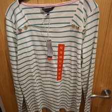 Image of Crew Clothing Women's Square Neck Breton Button White/Green Stripe Size 12