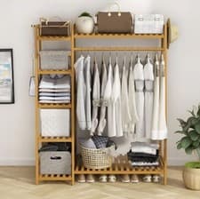 Image of Neo Clothes Storage Rack Bamboo Garment with Shelf Hanging Rail