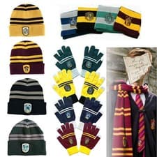 Image of Harry Potter Gryffindor Slytherin Ravenclaw Hufflepuff Beanie Hat +Scarf + Glove