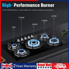 Image of OYAJIA 77cm Black 5 Burner Gas On Glass Hob With Cast Iron Pan Stands