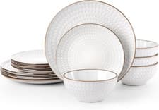 Image of Eden 12-Piece Gold Trim Stoneware Dinnerware Set - Chip Resistant Elegance