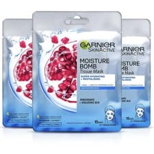 Image of 3x Garnier Skin Active Moisture Bomb Tissue Mask Hyaluronic + Pomegranate 28g