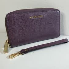 Image of MICHAEL KORS Leather Purse Zip Around Wallet Wristlet Monogram Gold Damson