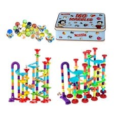 Image of Marble Run Game Construction Set or Glass Marbles Tin Retro Toy Kids Gift