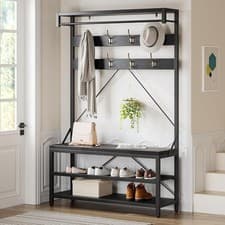 Image of Coat Rack with Bench and Shoe Shelves, Industrial Free Standing Hall Tree