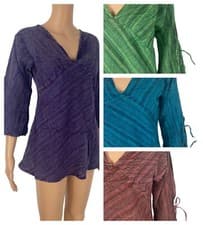 Image of 100% Cotton Stonewash Dyed Stripe Top with 3/4 Length Flared Sleeve - Loose Fit