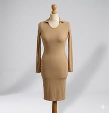 Image of PrettyLittleThing Cream Rib Split Polo Collar Midi Dress – UK 4 – BNWT